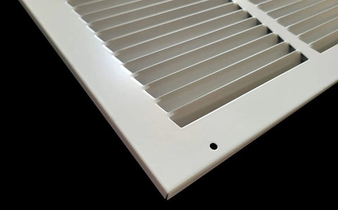 Close-up of a Beefy Steel Return Air Grille For 24x14 Duct Opening, White Vent Cover For Sidewall Or Ceiling HVAC Cold Air Intake Grille.
