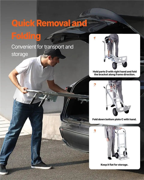 Heavy Duty Aluminum Hand Truck 2 In 1 Folding Dolly With PU Wheels, Boss Level Industrial Cart For Home, Office, And Job Site, 360 Degree Braking Wheels For Smooth, Stable Transport On Any Terrain. Folding aluminum hand truck in car trunk