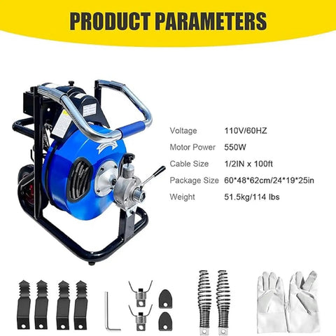 Heavy Hitter Electric Drain Cleaner Machine With 100 Foot Snake Cable detailed with features like 550W motor, cable size, and accessories.