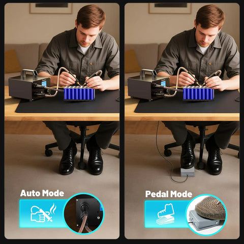 Person using Battery Powered Spot Welder With Upgraded LCD Screen 80 Gear Adjustable Output for 18650 welding, auto and pedal modes.