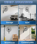 20 Inch Industrial Oscillating Wall Mount Fan in garage, gym, warehouse, and patio for strong airflow and space-saving design.