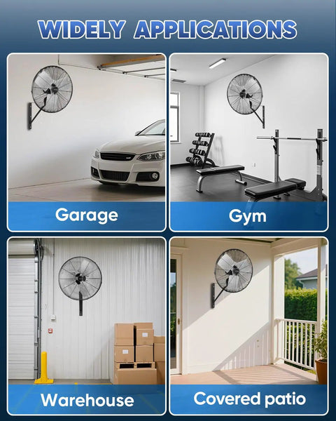 20 Inch Industrial Oscillating Wall Mount Fan in garage, gym, warehouse, and patio for strong airflow and space-saving design.