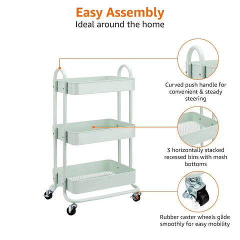3 Tier Metal Rolling Utility Cart With Deep Mesh Trays And Pivoting Casters, Smooth Operator Kitchen Island Storage Organizer That Slays For Tools, Groceries, And Daily Grind Setup In Mint Green