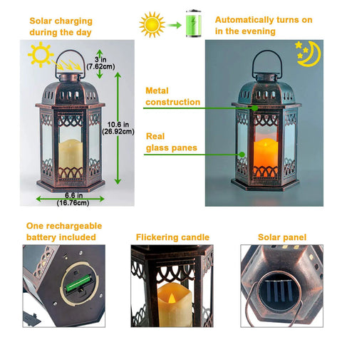 Two Pack Bronze Solar Lanterns With Ornate Retro Hanging Design, Outdoor LED Flickering Candle Lights, Classic Glass Panels