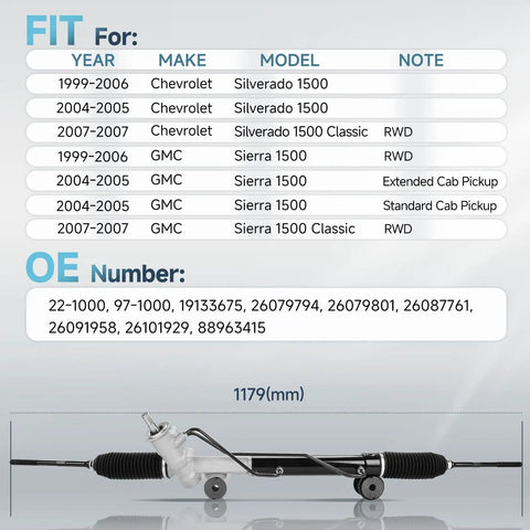 22-1000 Power Steering Rack And Pinion Plus Outer Tie Rods For Silverado 1500 And Sierra 1500 1999-2007 Compatibility Chart