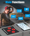 12V 24V Battery Tester For Cars And Light Trucks Cranking And Charging Checker 40 2000 CCA Range Tests Flooded AGM Gel Batteries Shows SOH And Alternator Health Auto Battery Analyzer Tool displaying main functions and battery health icons