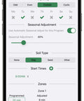 Smartphone displaying LNK2 Smart WiFi Module 2nd Gen app interface with schedule settings for Rain Bird Irrigation Timers and ESP Controllers