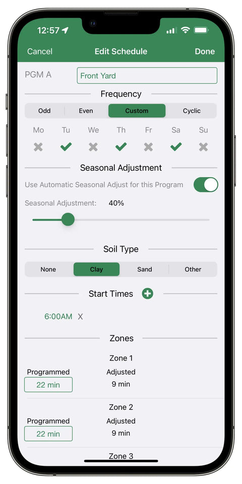 Smartphone displaying LNK2 Smart WiFi Module 2nd Gen app interface with schedule settings for Rain Bird Irrigation Timers and ESP Controllers