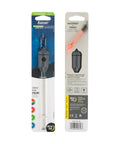 Front view of Nite Ize Radiant Rechargeable LED Glow Stick with Disc-O Select; gray body, carabiner clip.