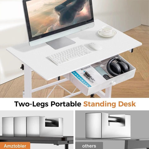 Compact Adjustable Standing Desk On Wheels For Home Office, Rolling Laptop Table with drawer and monitor, Carbon Fiber White