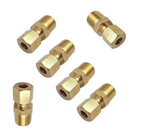 Six brass 1/4 in tube OD to 1/4 in NPT male compression fittings with hex bodies