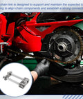 Heavy Duty ANSI 100 Roller Chain Master Link With Manganese Steel Build For Tough Jobs Featuring High Strength And Wear Resistance At 31.75mm Pitch, installed on a motorcycle.