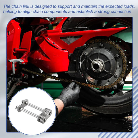 Heavy Duty ANSI 100 Roller Chain Master Link With Manganese Steel Build For Tough Jobs Featuring High Strength And Wear Resistance At 31.75mm Pitch, installed on a motorcycle.