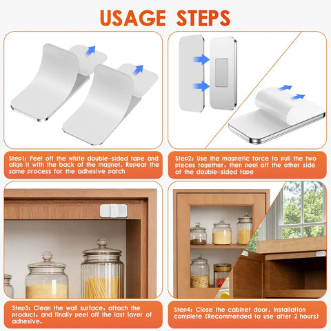 Usage steps for 10 Pack Ultra Thin Magnetic Cabinet Door Catch Set with double-sided adhesive for easy install on cabinets and closets.