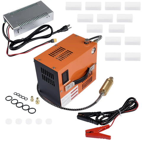 Rock Solid Heavy Duty High Pressure Portable Pcp Air Compressor Pushes Hard To 4500 Psi With Brushless Motor For Quick Tank Top Ups Runs Smooth As Oil On 12V Dc And 110V Ac Anytime with accessories and power supply.