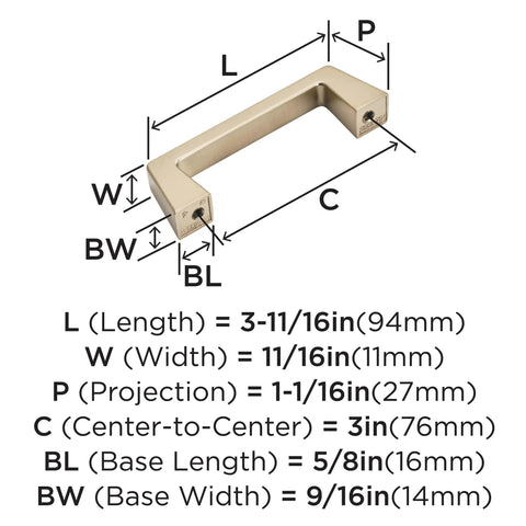 Diagram of Champagne Bronze Cabinet Pull Blackrock Finish, 3 Inch Center To Center, Overall Length About 3.69 Inches, Transitional Style