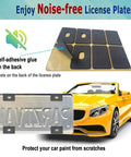 Noise-free license plate pads with self-adhesive backing beside yellow convertible car.
