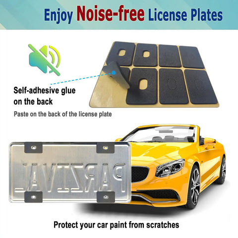 Noise-free license plate pads with self-adhesive backing beside yellow convertible car.