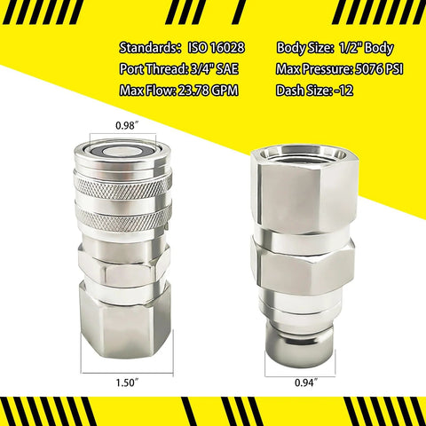Two flat-face hydraulic quick-connect couplers, 3/4 SAE thread, carbon steel with dust cap