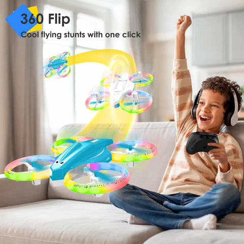 Happy child playing with Indoor Kids Drone With LED Lights And 360 Flip Easy To Fly Mini RC Quadcopter dual batteries