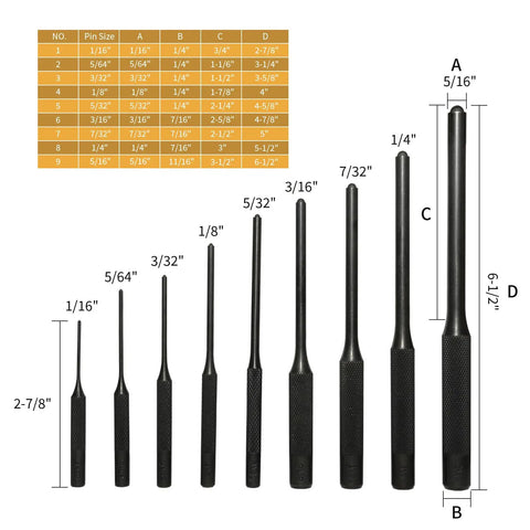 Pin Punch Set 20Pcs With Steel And Brass Pin Punches Hammer Storage Pouch And Red Tool Bag Workhorse Kit For Automotive Furniture And DIY Projects Includes Variety Sizes displayed with size chart in background.