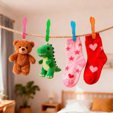Legit Heavy Duty Colorful Plastic Clothespins With Killer Non Slip Grip And Dang Strong Springs For No Sweat Laundry Hanging Towels And Craft Projects 48 Pack holding plush toys and socks on a rope.
