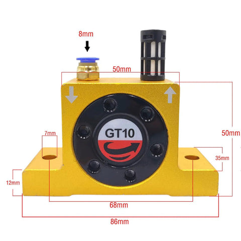 Front view of Five Pack 1/8 Inch Pneumatic Air Turbine Vibrators, GT10 model with dimension labels, aluminum body.