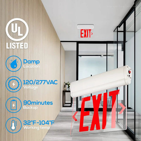 Red Emergency Exit Sign UL 924 LED Edge Lit, Battery Backup, Double Sided With Rotating Acrylic Panel, Pro Grade Hardwired Mountable Ceiling Wall Side, 120 277V AC, Damp Rated, Pack Of 2