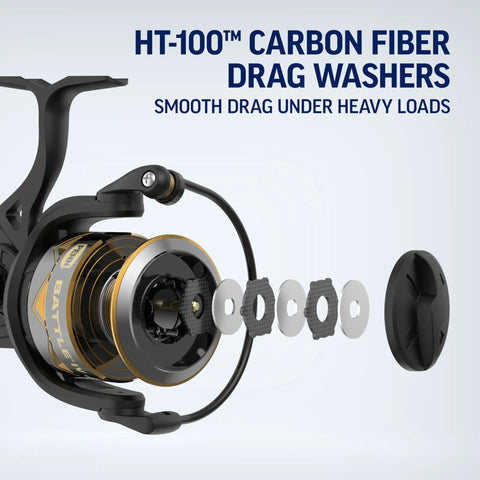 HT-100 drag washers of Battle IV 8 Ft Spinning Rod And Reel Combo Kit With 5000 Reel disassembled, showing carbon fiber components.