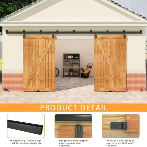 Outdoor garage with Beefy 20 Foot Black Box Rail Exterior Barn Door Hardware Kit for two doors, showcasing sliding track system.