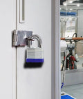 Trinity Keyed-Alike Padlocks Outdoor Heavy Duty Laminated Steel Body 1-9/16 Inch Shackle 40mm on locker in gym setting
