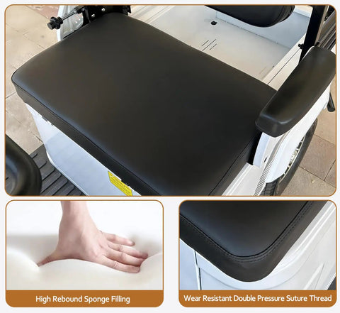 Electric Golf Cart 4 Wheel Mobility Scooter With Cargo Box Heavy Duty Farm Utility Vehicle For Seniors Adults 800W Brushless Motor 60V Battery 12 Mph No Sweat Cruising Easy Roll White seat with high rebound sponge filling.