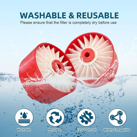 Two washable and reusable 4 Pack N858184 HEPA filters submerged in water, highlighting ease of cleaning and compatibility.