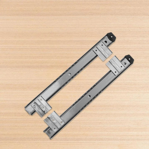 Heavy Duty Keyboard Drawer Slides With Bulletproof 35mm Wide Silver Rail Kit For Slick Office Setup No Brainer Swap Computer Table Replacement Hardware One Pair on wooden surface.