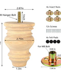 Diagram of 4 Inch Unfinished Bun Feet For Couch, Sofa, Cabinet And Ottoman with pre-drilled M8 hanger bolt and accessories.