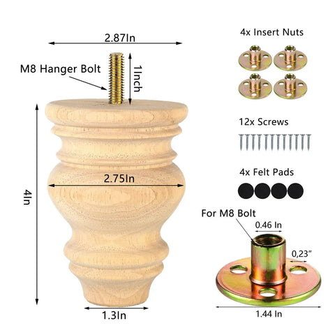 Diagram of 4 Inch Unfinished Bun Feet For Couch, Sofa, Cabinet And Ottoman with pre-drilled M8 hanger bolt and accessories.