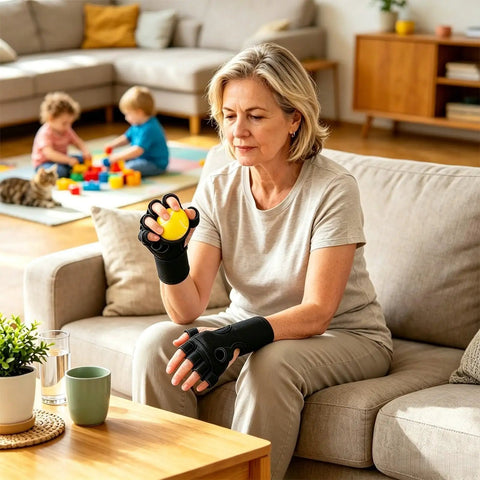 Woman using Grip Strength Trainer Ball For Hands And Wrists Portable Finger And Hand Exerciser Six Hole Ergonomic Grip Tool at home