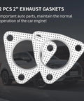 Front view of two 2-inch exhaust gasket flanges with three bolt holes and perforated metal surface