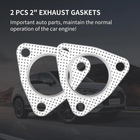 Front view of two 2-inch exhaust gasket flanges with three bolt holes and perforated metal surface