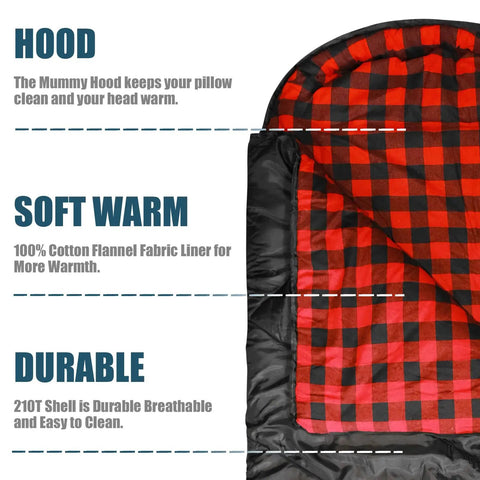 Close-up of 0 Degree Four Season Sleeping Bag For Adults With Cotton Flannel Cozy XXL Big And Tall Camping Sleeping Bag With Compression Sack Black 90 X 35 Inch Right Zip For Cold Weather Winter Outdoor Use showing flannel lining and hood