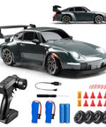 Drift Ready 1:24 Scale RC Car With LED Lights, high-speed 2.4GHz remote, tires, batteries, tools, and accessories display.