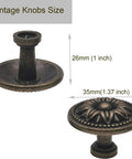 Old School Vintage Flower Shape Cabinet Knob Set Antique Bronze 8 Piece Dresser Drawer Handles With Two Screw Lengths For Thick Cabinets And Dressers Rustic Floral Hardware showing knob size.