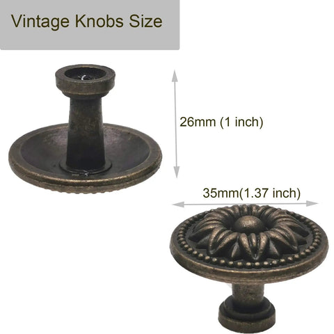 Old School Vintage Flower Shape Cabinet Knob Set Antique Bronze 8 Piece Dresser Drawer Handles With Two Screw Lengths For Thick Cabinets And Dressers Rustic Floral Hardware showing knob size.