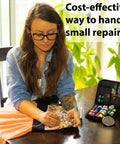Woman repairing clothes with Compact Sewing Kit For Beginners Portable Travel Essentials With 12 Thread Colors And 75 Plus Tools.