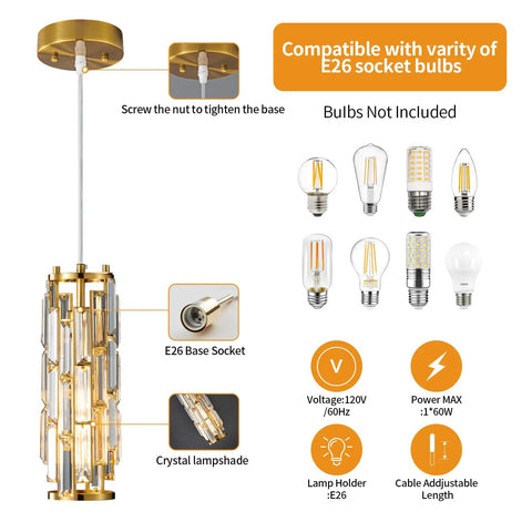 Gold Pendant Lights Set of 2 Dope Crystal Mini Chandelier for Kitchen Island, Dining Room and Bedroom with bulb compatibility guide