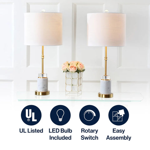 27 Inch Marble And Brass Gold Table Lamps Set Of 2 With Crystal Column Design White Linen Drum Shades Lit Modern Glam Lighting