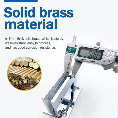 Hella Sturdy Brass Shower Door Hinges For Bathroom Glass showing solid 5mm brass material and measuring tools for durability.