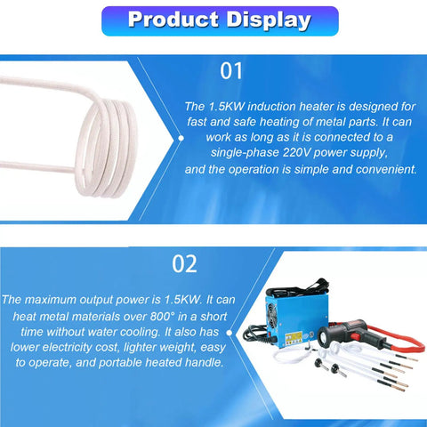 Garage Ready Magnetic Induction Heater Kit 1500W components display with heating coil, unit, and swappable tips on blue background.
