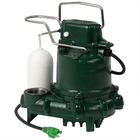 Mighty-Mate Submersible Sump Pump 1/3 Hp With Auto Float Switch, Non-Clogging Vortex Impeller, Cast Iron Housing, Green Finish