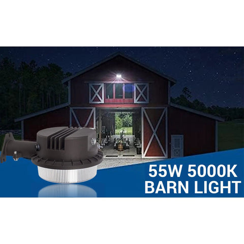 LED Barn Light With Dusk To Dawn Sensor And Motion Detection, 55W 7500LM 5000K Daylight Output illuminating a barn at night